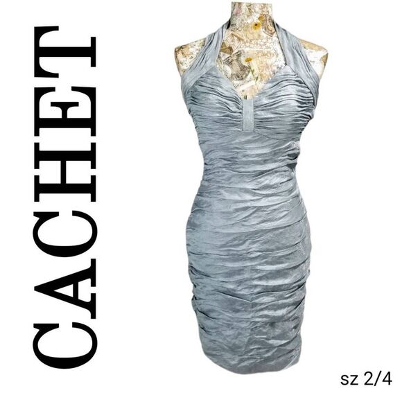 Formal Cocktail Dress Shiny Light Metallic Blue Halter Gathered Tight Bodycon - Picture 3 of 11